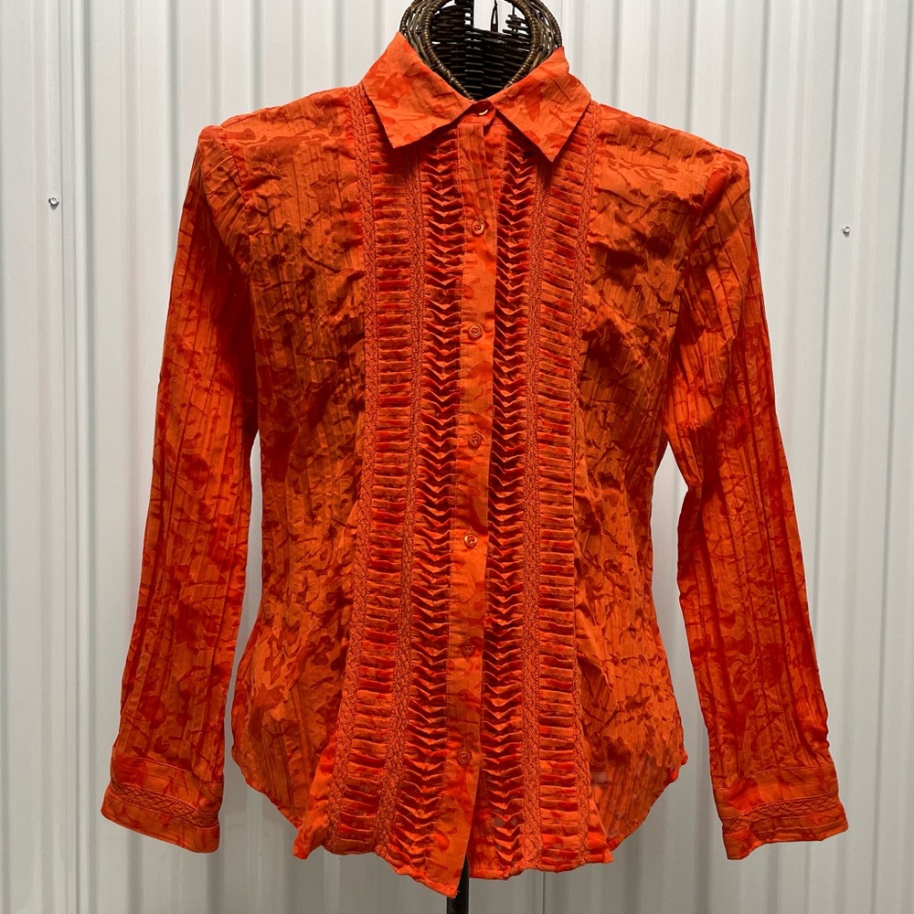 Vibrant Orange Ruffle Semi Sheer Blouse Chicos size 1